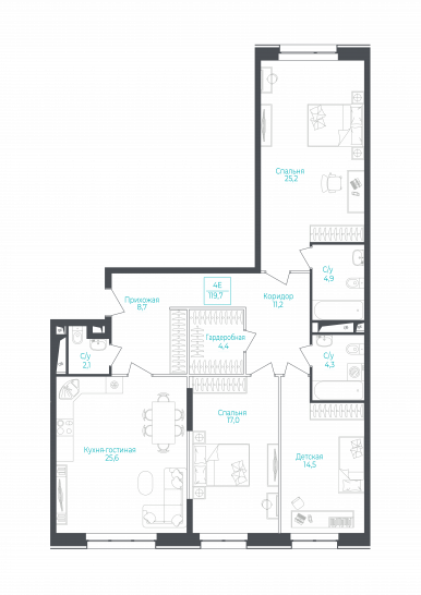 Трёхкомнатная квартира 124.5 м²